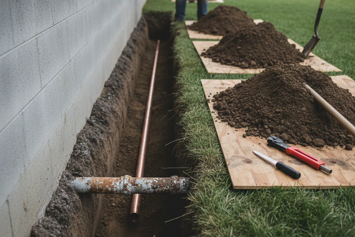 Excavated water line trench during Sewer Line Repair in Columbiana
